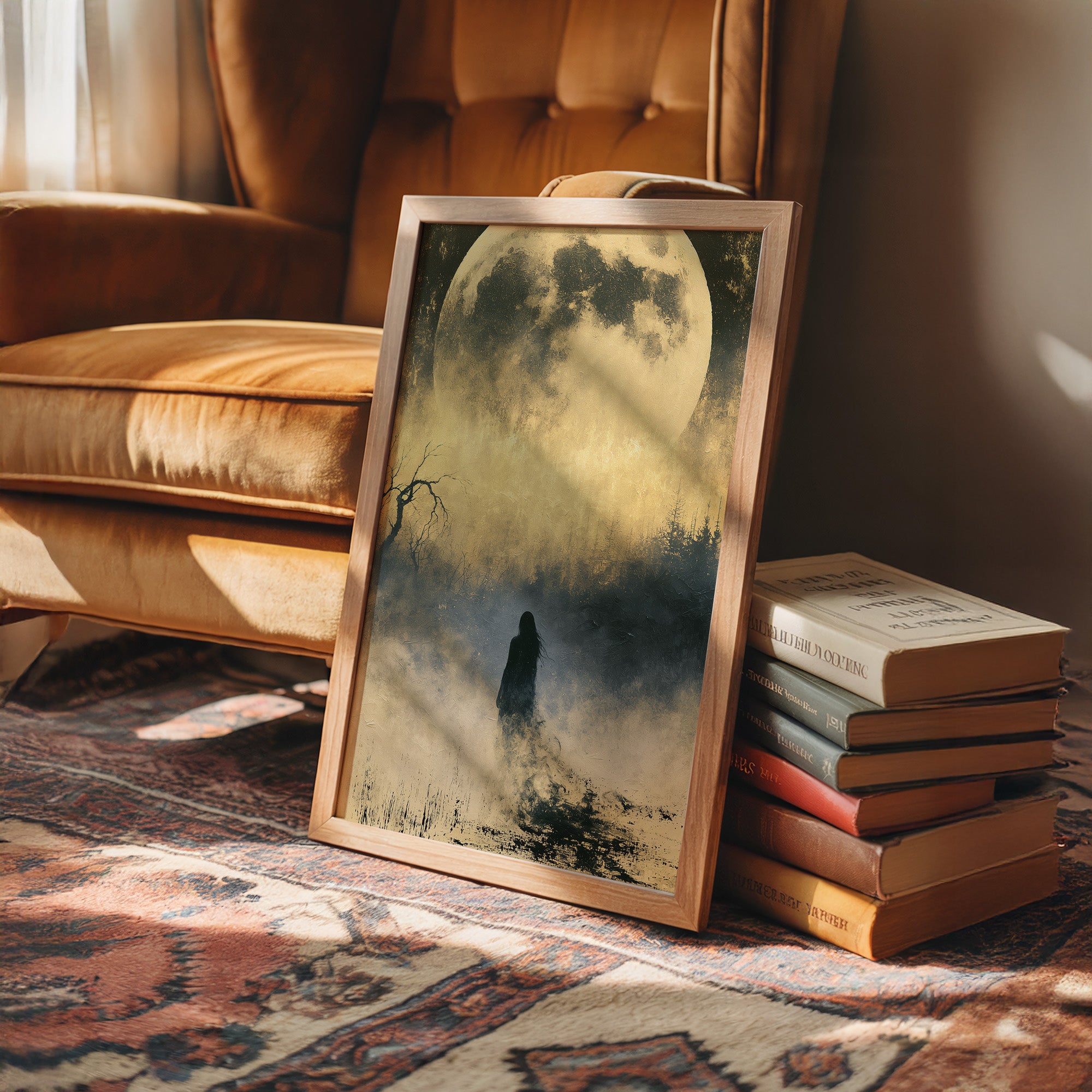Lost in the Fog: Distant Figure and Moon