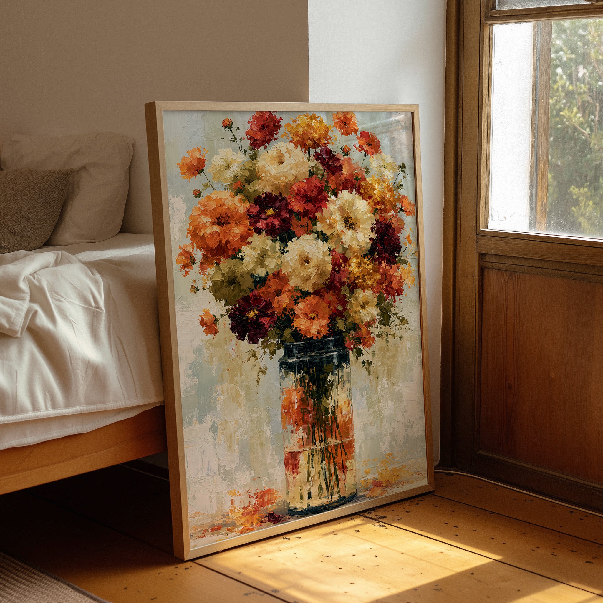 Zinnias in Glass, Sunlit Bunch