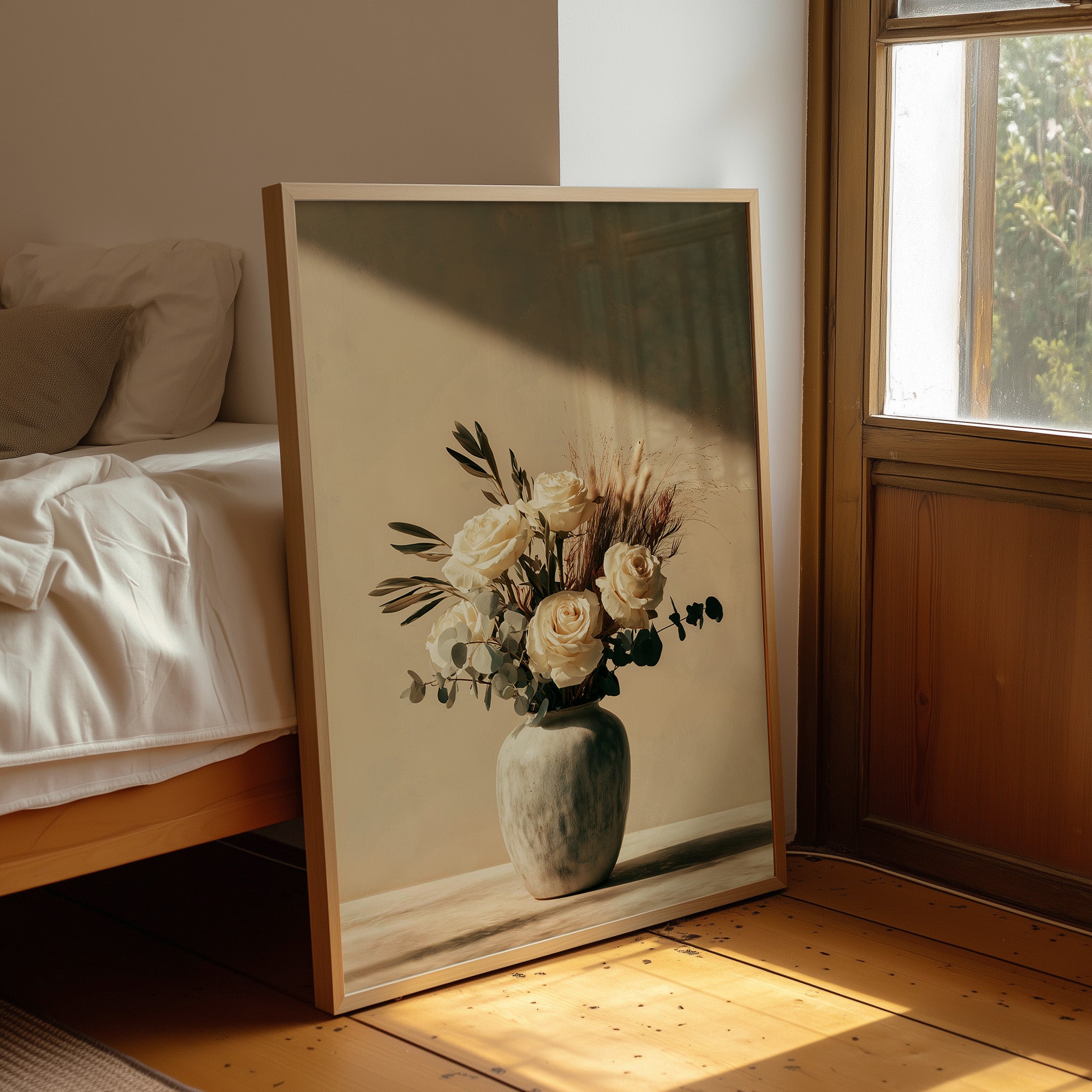 Cream Roses & Eucalyptus in Shadow Light