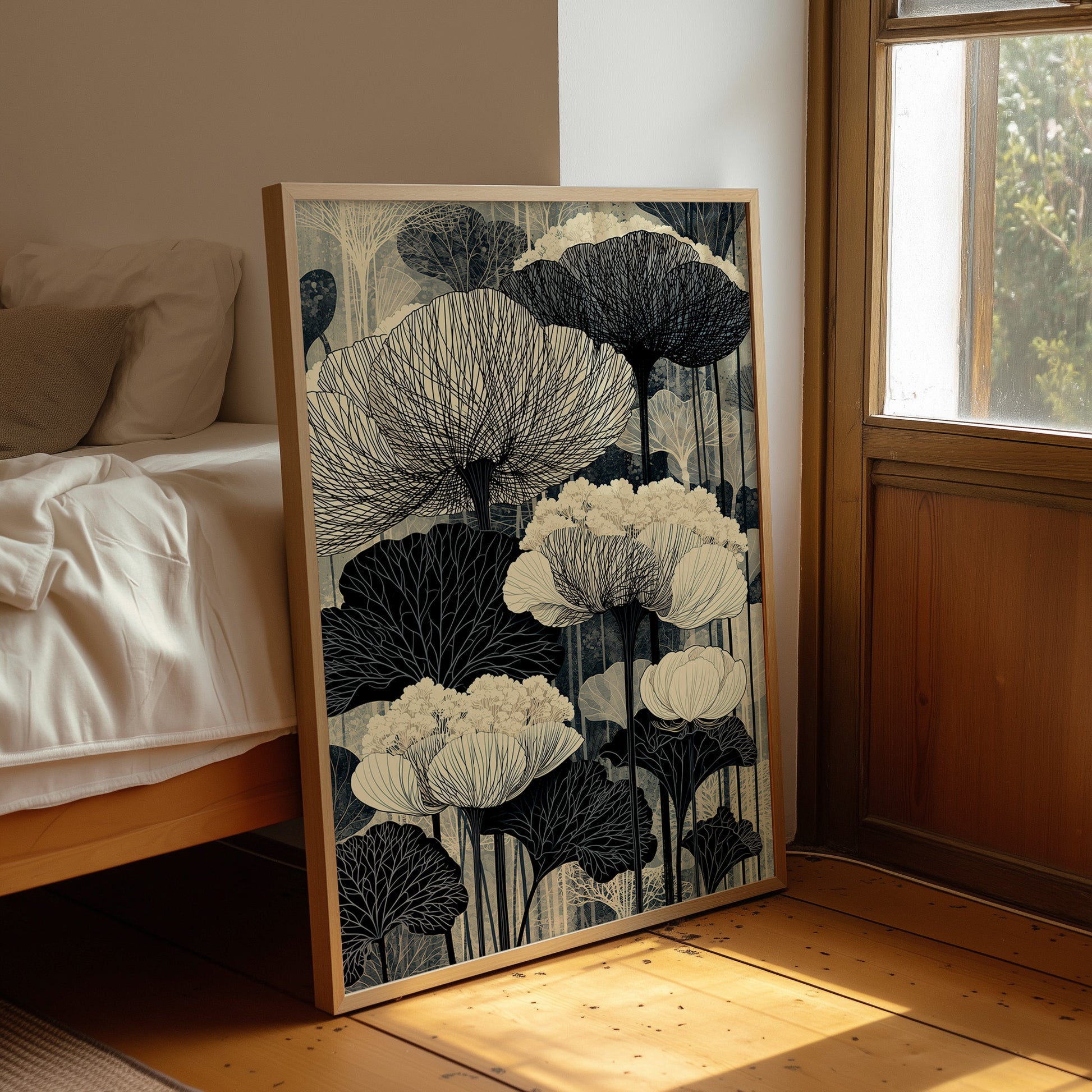 Poppies and Birches in Black Ink