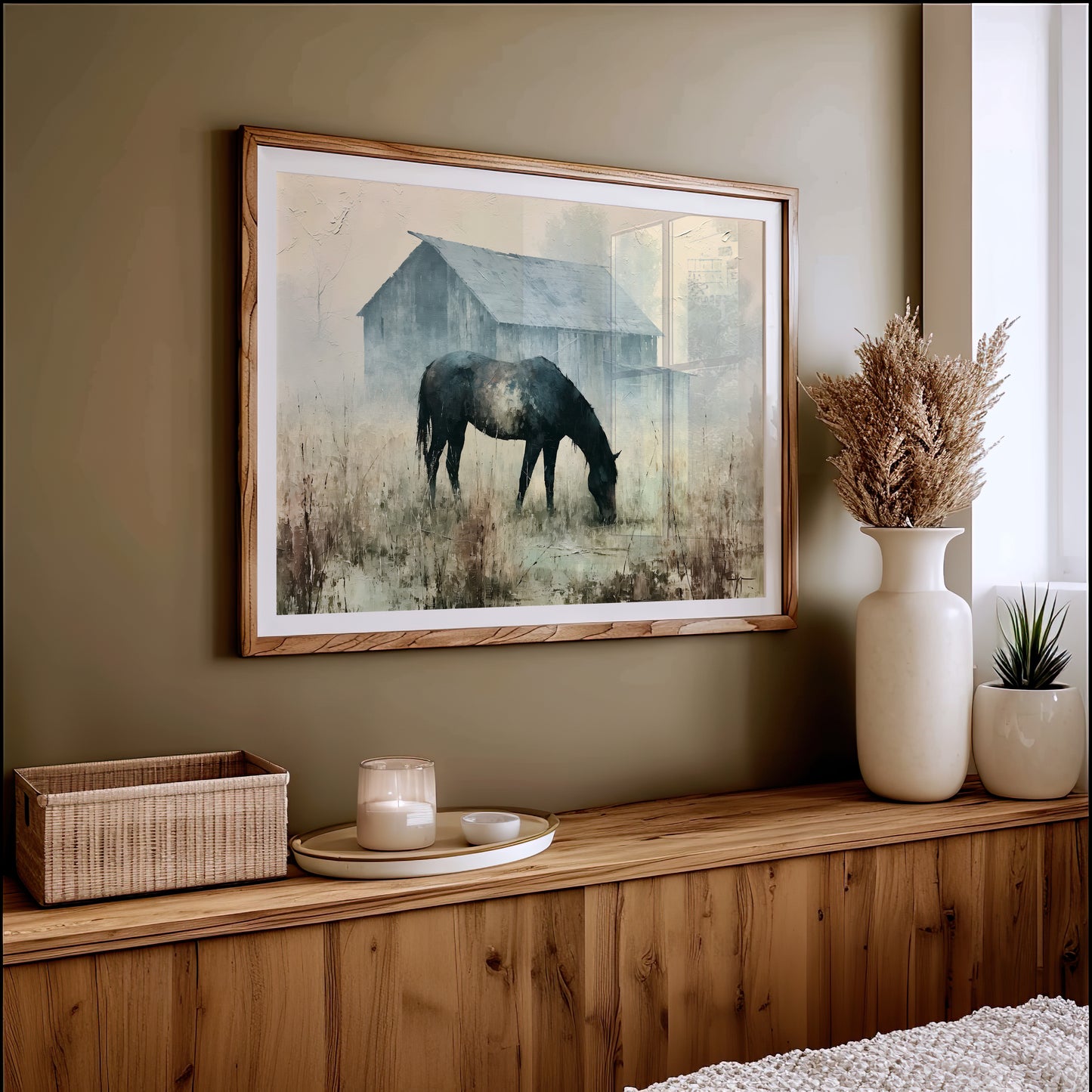 Grazing Horse, Foggy Farmstead