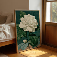 White Bloom on Cracked Teal Canvas