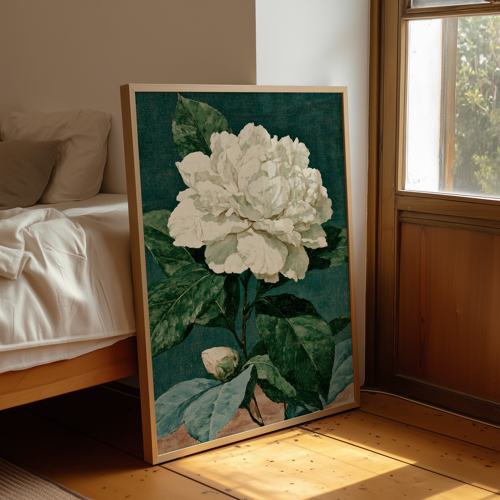White Bloom on Cracked Teal Canvas