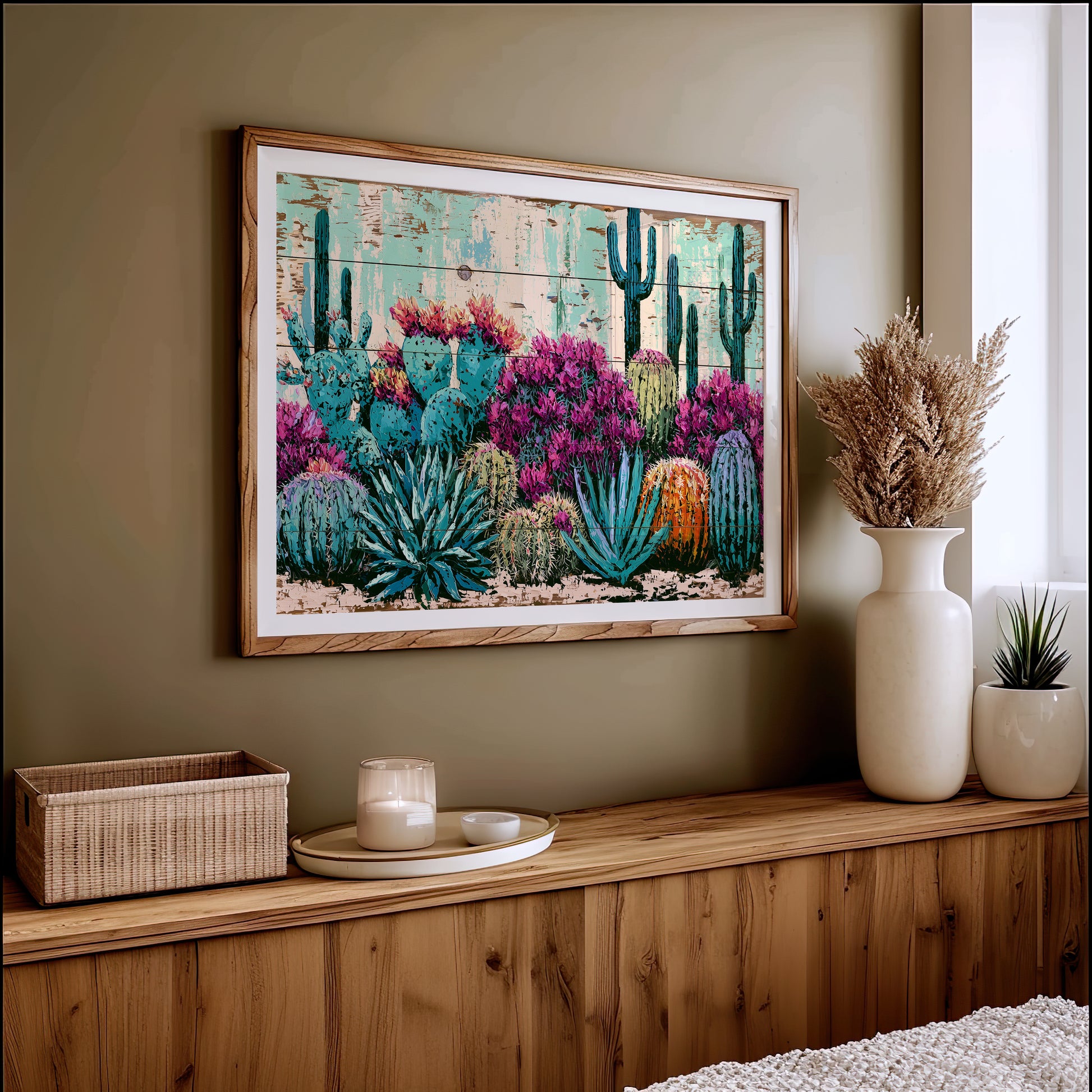 Turquoise Cactus and Fuchsia Blooms