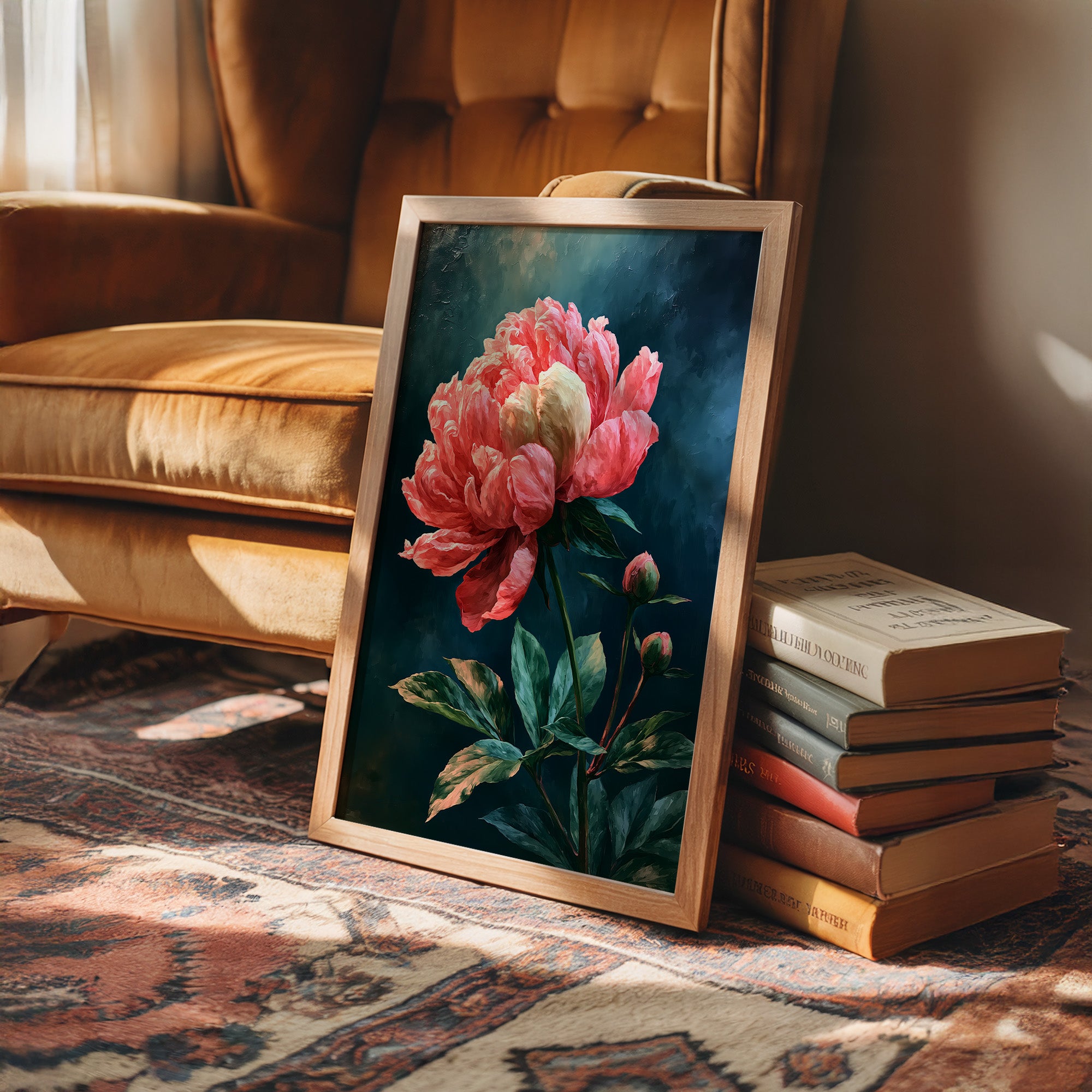 Coral Peony Against Midnight Blue