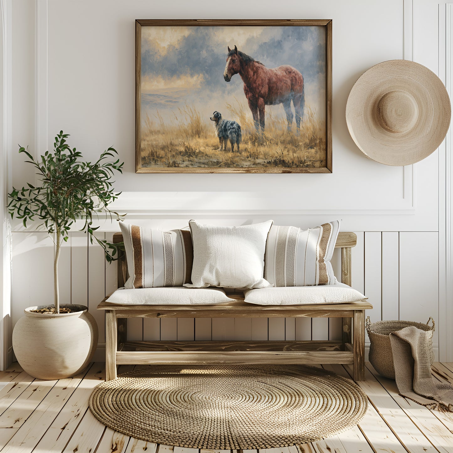 Bay Horse and Aussie Shepherd