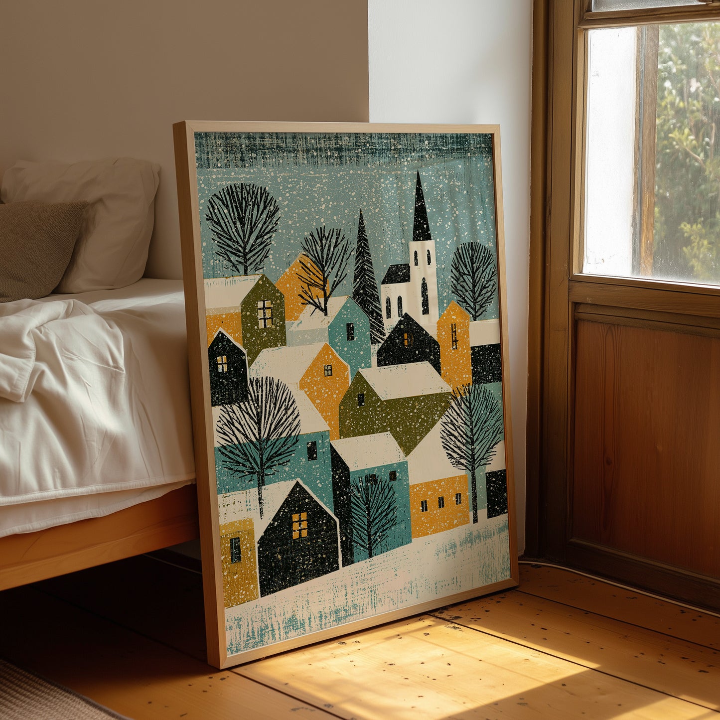 Snowy Village in Mustard & Teal