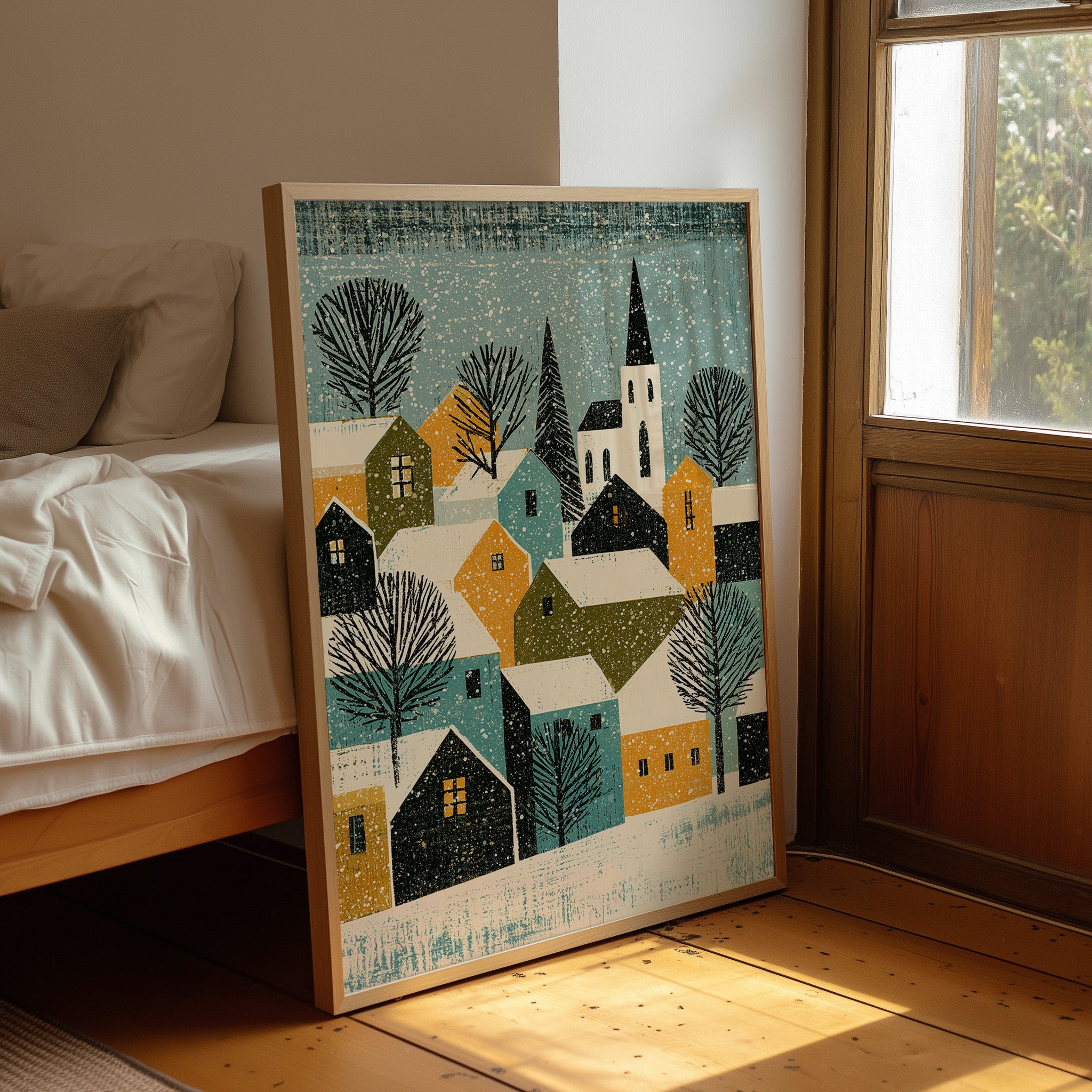 Snowy Village in Mustard & Teal