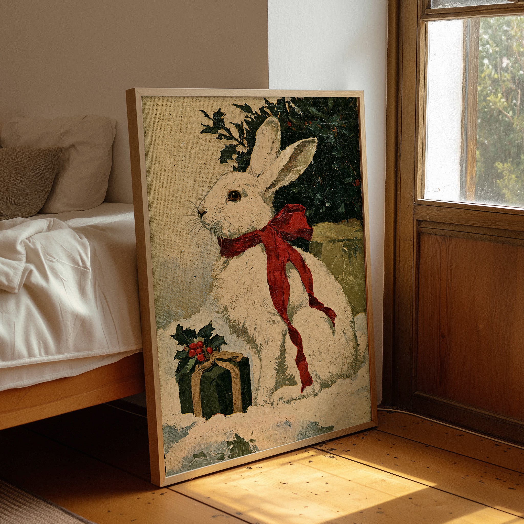 Oil-Painted Bunny with Red Ribbon