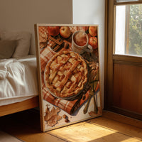 Lattice Get This Pie Started, framed print leaning beside a bed in a sunlit bedroom