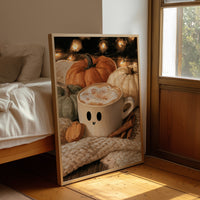 Latte Spirits, Feeling Ghoul, framed print leaning beside a bed in a sunlit bedroom