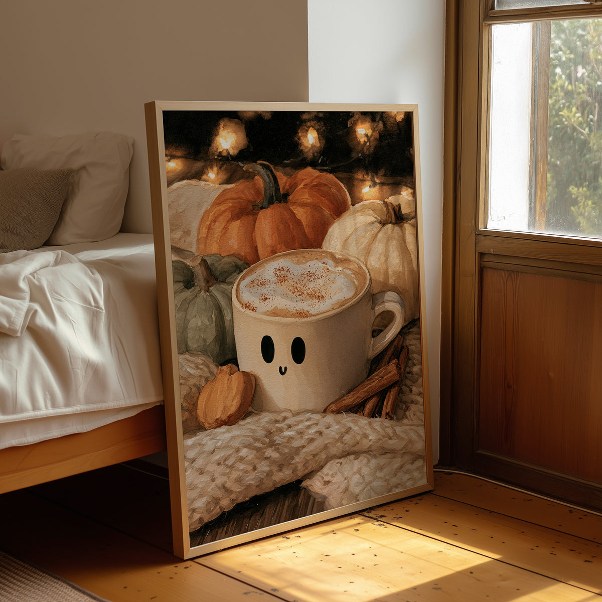 Latte Spirits, Feeling Ghoul, framed print leaning beside a bed in a sunlit bedroom