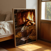 Cocoa Loco By The Fire, framed print leaning beside a bed in a sunlit bedroom