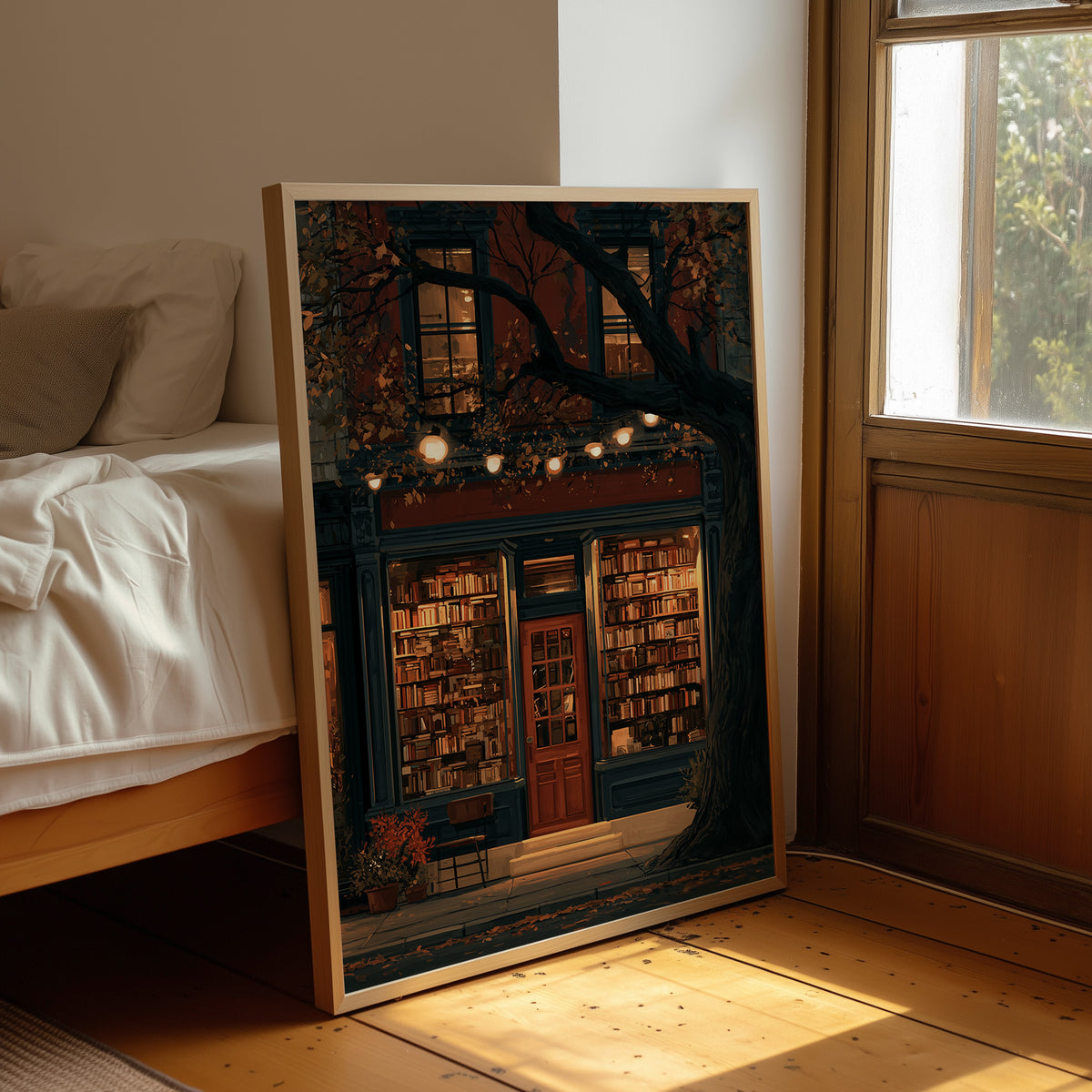 Shelf Awareness After Dark, framed print leaning beside a bed in a sunlit bedroom
