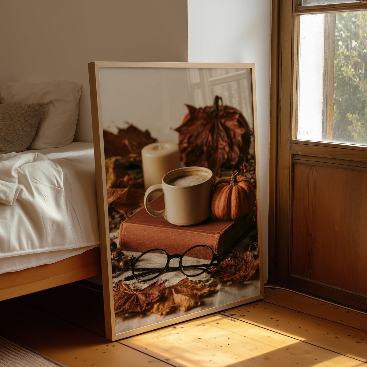 Novel Idea: More Coffee, framed print leaning beside a bed in a sunlit bedroom