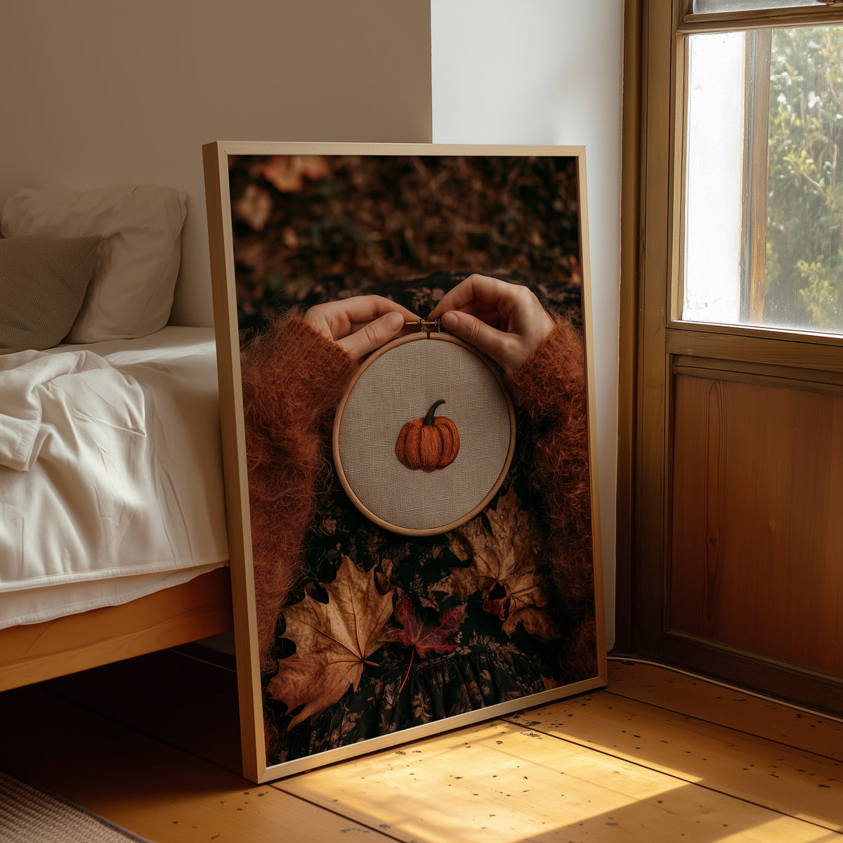 Sew Gourd, Sew Gourd, framed print leaning beside a bed in a sunlit bedroom