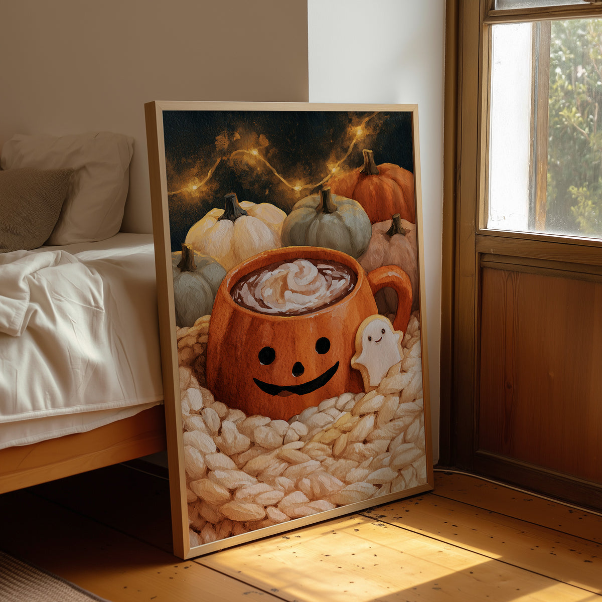 Mug Life: Jack O Latte Edition, framed print leaning beside a bed in a sunlit bedroom