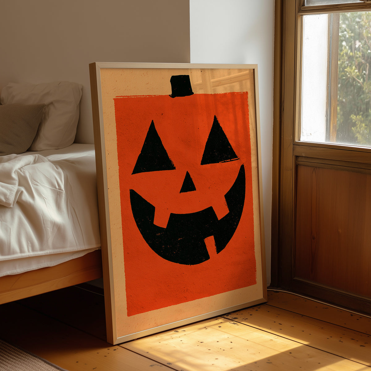 It’s Hip To Be Square, framed print leaning beside a bed in a sunlit bedroom