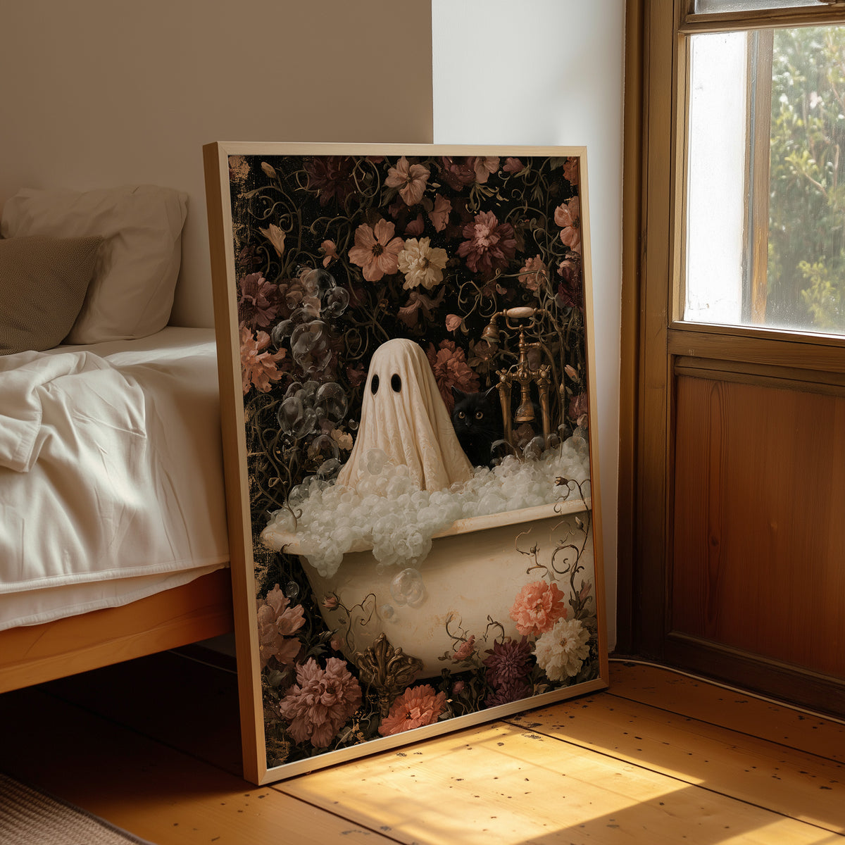 Boo ble Bath With A Side Of Judgment, framed print leaning beside a bed in a sunlit bedroom