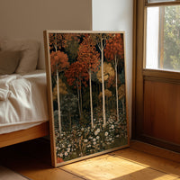 Birch Please, It’s Fall, framed print leaning beside a bed in a sunlit bedroom