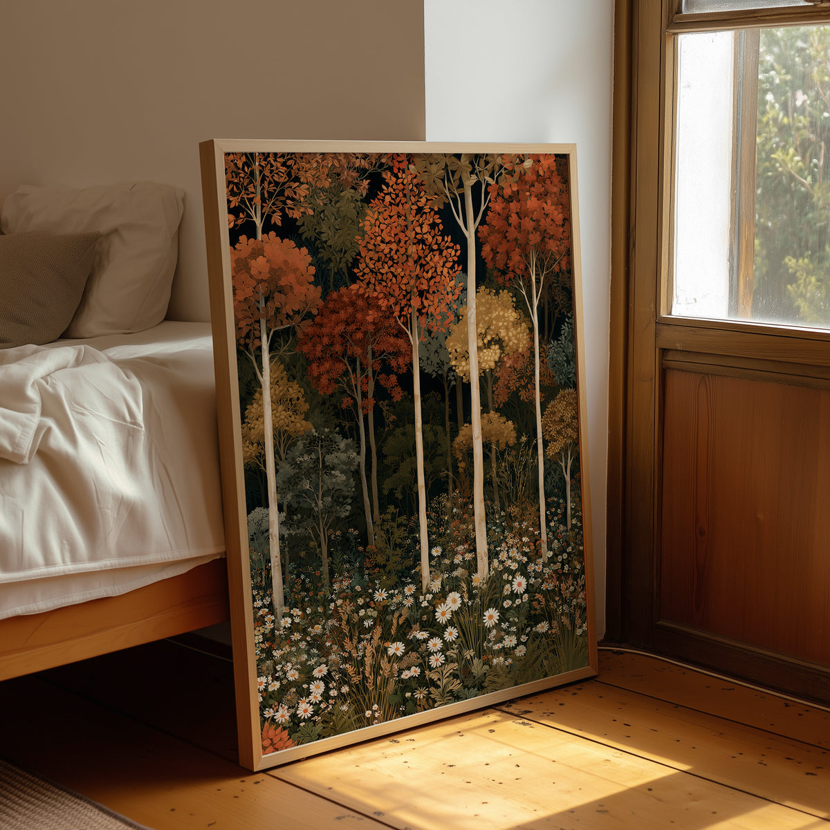 Birch Please, It’s Fall, framed print leaning beside a bed in a sunlit bedroom