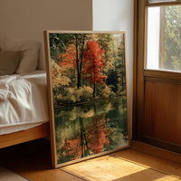Mirror Mirror On The Pond, framed print leaning beside a bed in a sunlit bedroom