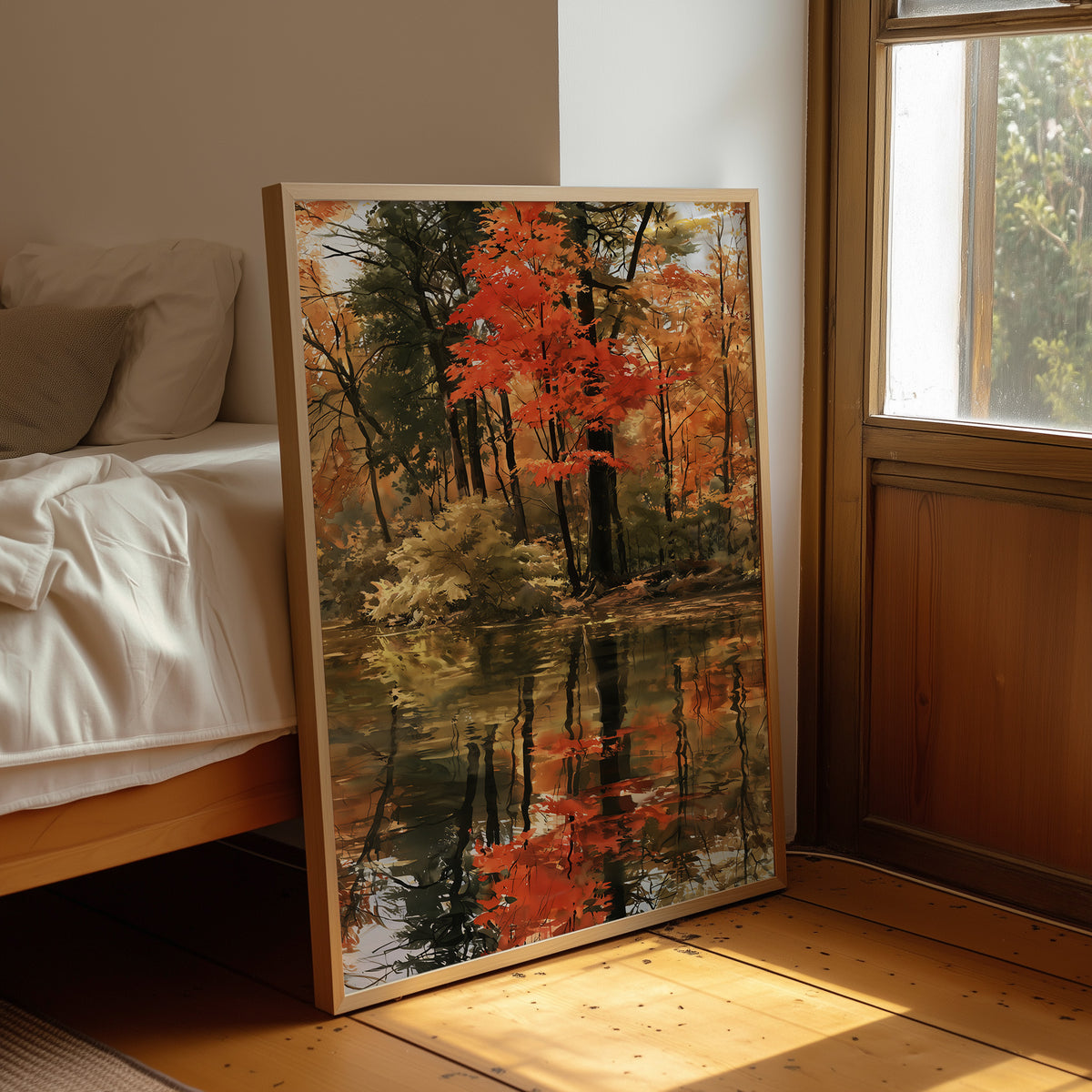 Seeing Red, Reflecting Well, framed print leaning beside a bed in a sunlit bedroom