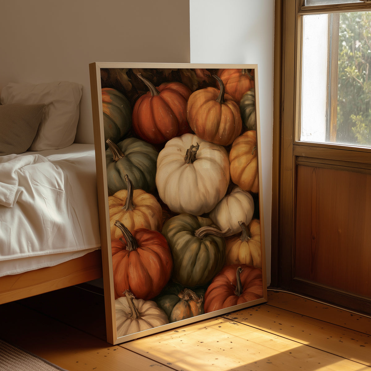 Crowded House, Gourd Edition, framed print leaning beside a bed in a sunlit bedroom