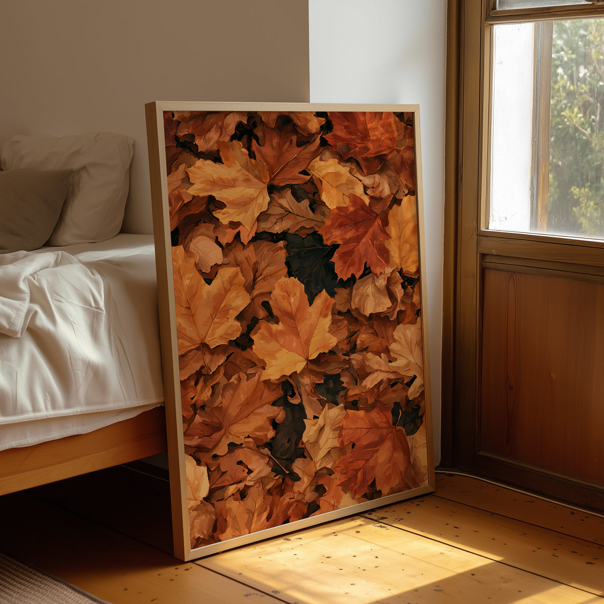 Fall Back And Relax, framed print leaning beside a bed in a sunlit bedroom