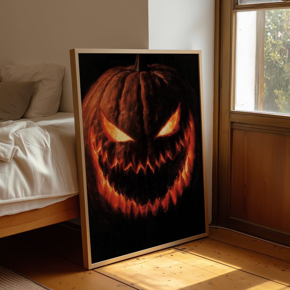 Grin And Bear The Fright, framed print leaning beside a bed in a sunlit bedroom
