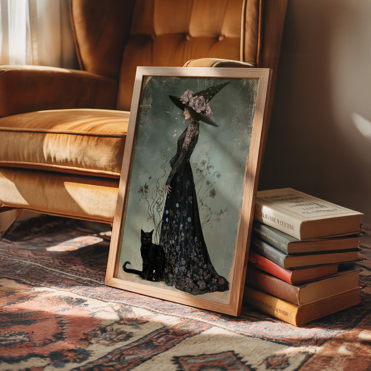 Bloom, Broom, And Feline Backup, framed print leaning beside a bed in a sunlit bedroom