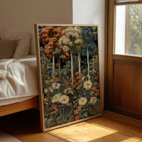 Daisy Chain Reaction In The Woods, framed print leaning beside a bed in a sunlit bedroom