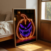 Neon Trouble Brewing, framed print leaning beside a bed in a sunlit bedroom