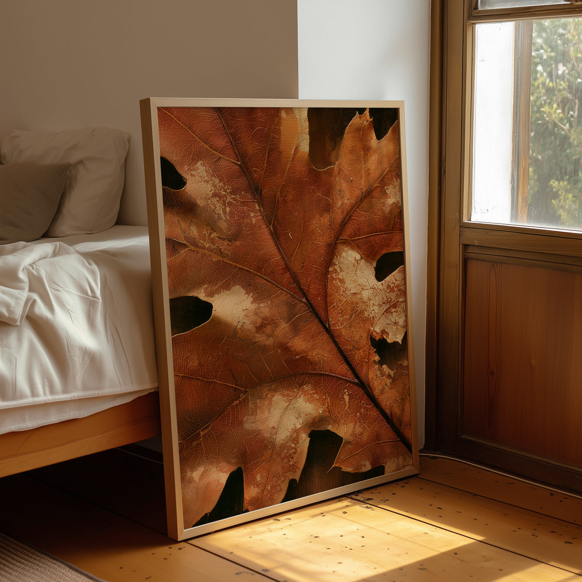 Vein Glory, framed print leaning beside a bed in a sunlit bedroom