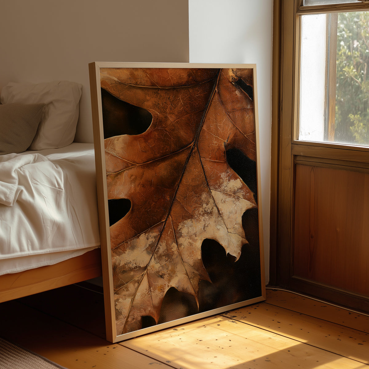Oak ay, Ready For My Close Up, framed print leaning beside a bed in a sunlit bedroom
