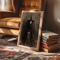 Formal Portrait, Informal Spiders, framed print leaning beside a bed in a sunlit bedroom