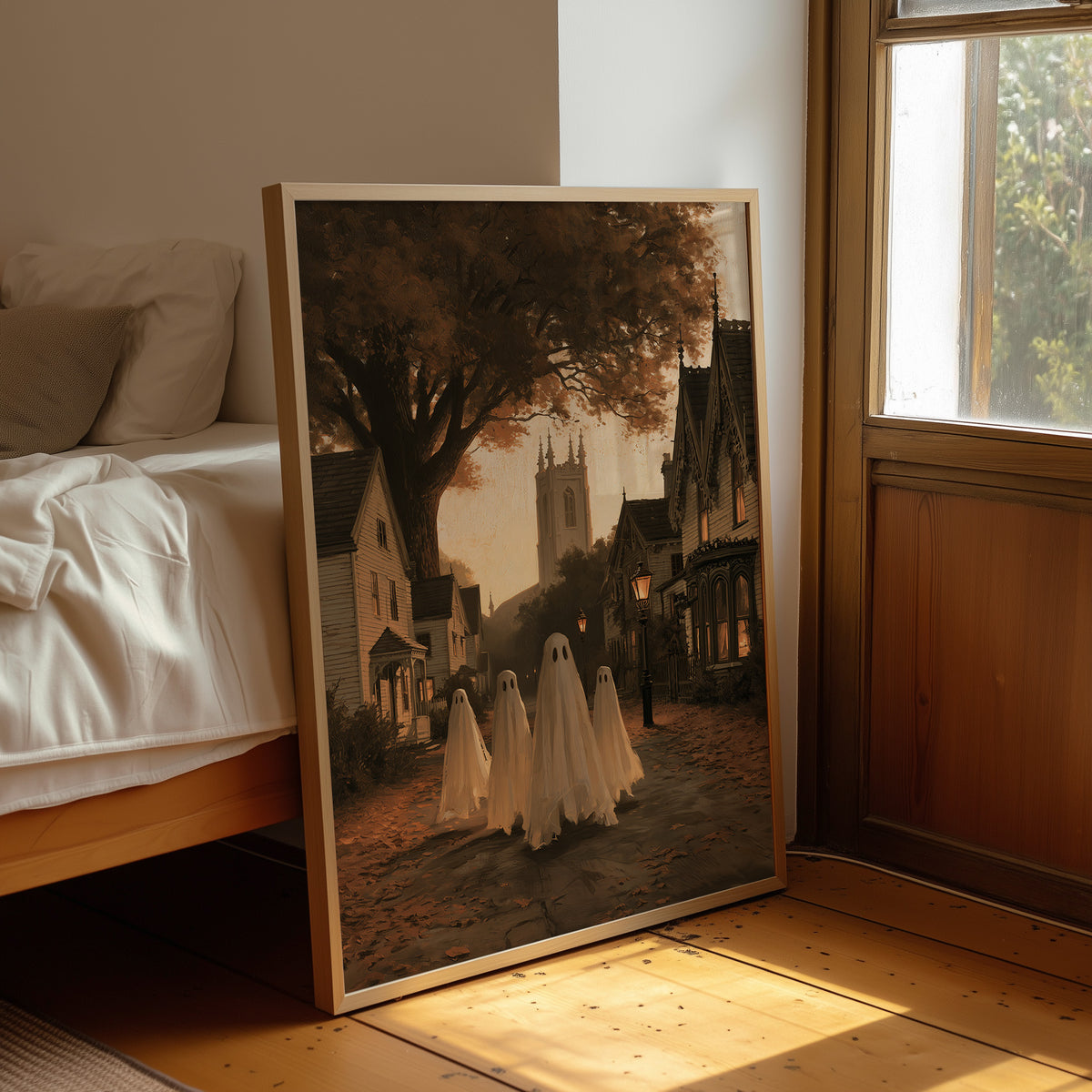 Neighborhood Watch, After Hours, framed print leaning beside a bed in a sunlit bedroom