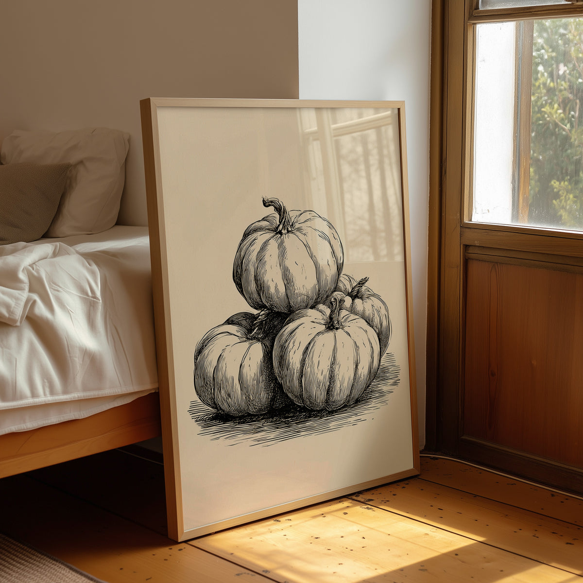 Top Gourd Takes The High Ground, framed print leaning beside a bed in a sunlit bedroom
