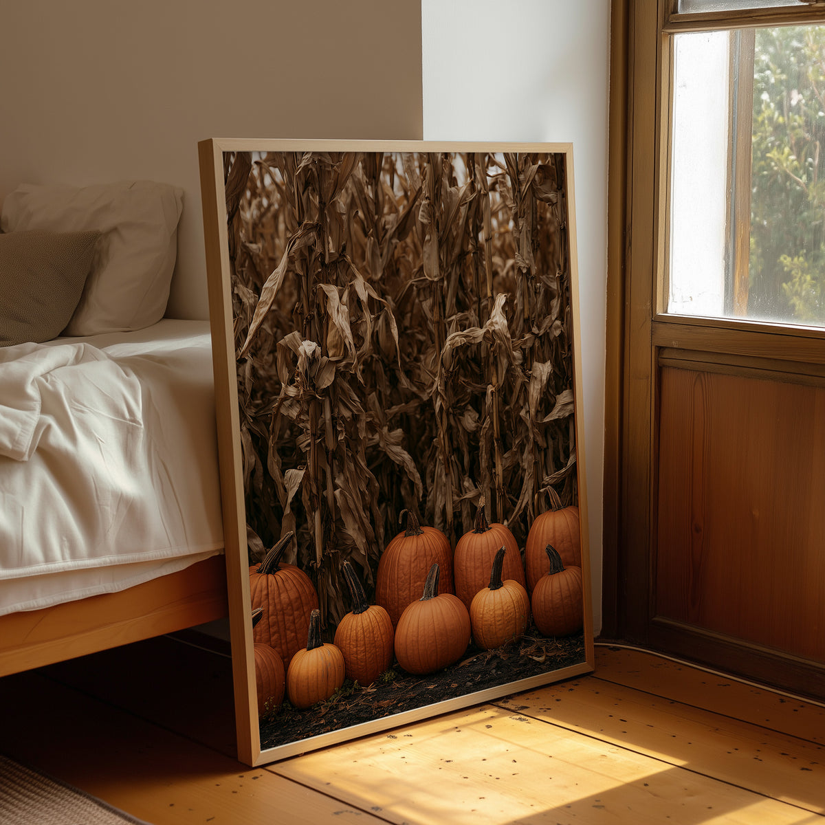 Lineup At The Corn Maze, framed print leaning beside a bed in a sunlit bedroom