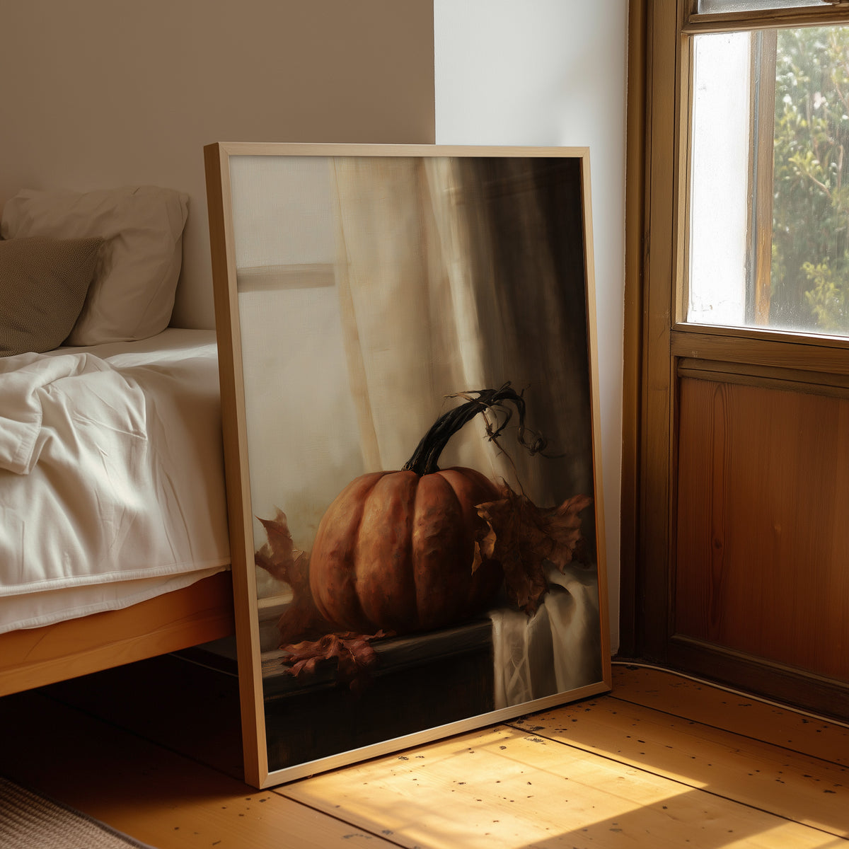 Window Seat Reserved For One Gourd, framed print leaning beside a bed in a sunlit bedroom