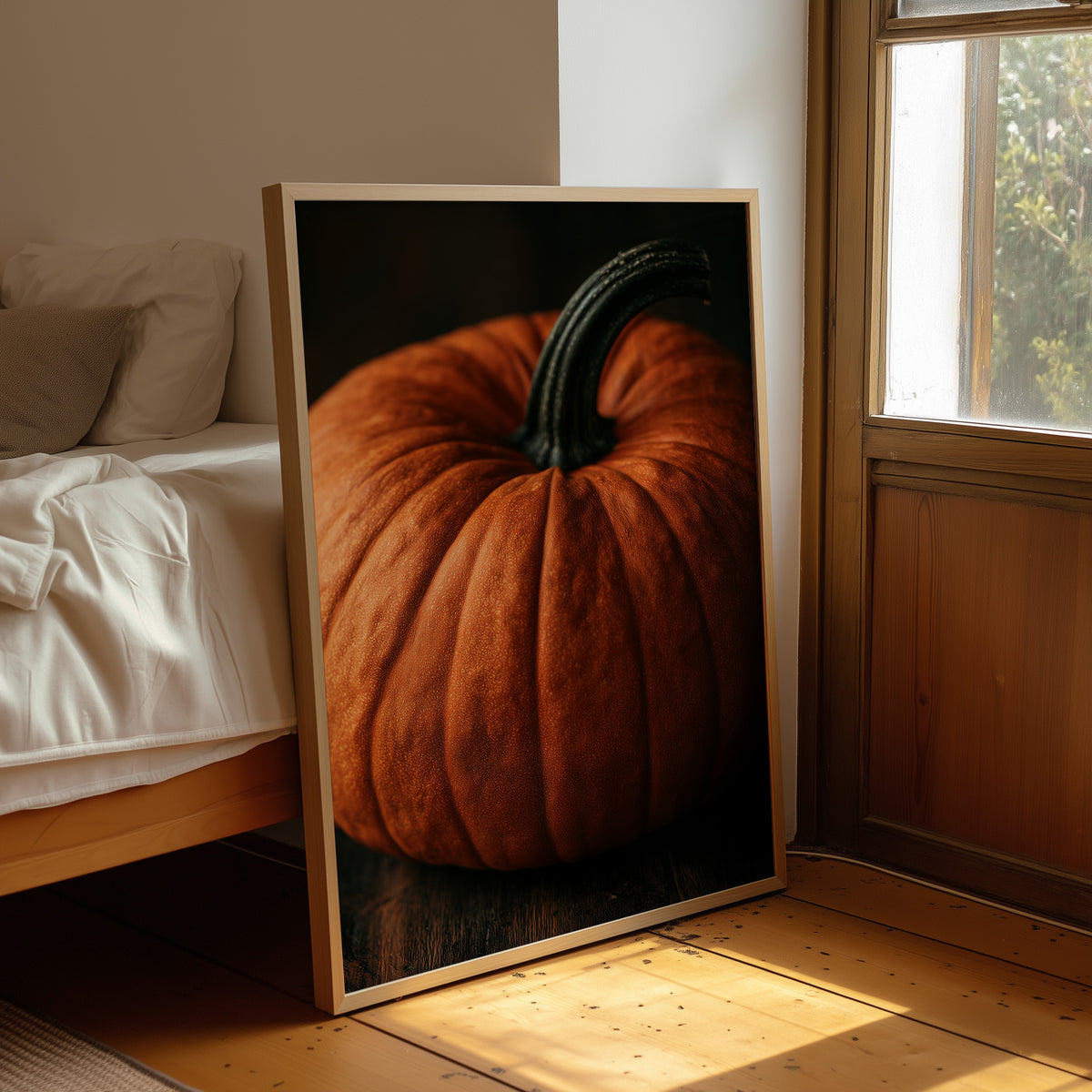 Speckled, Ribbed, And Ready For Its Portrait, framed print leaning beside a bed in a sunlit bedroom