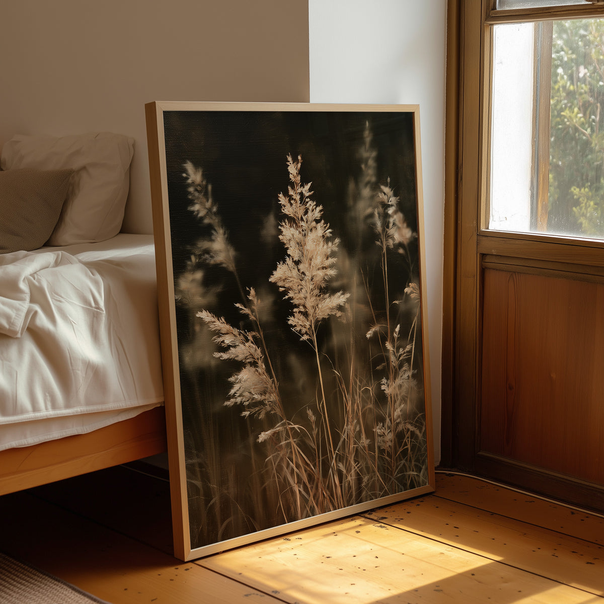Plume With A View, framed print leaning beside a bed in a sunlit bedroom
