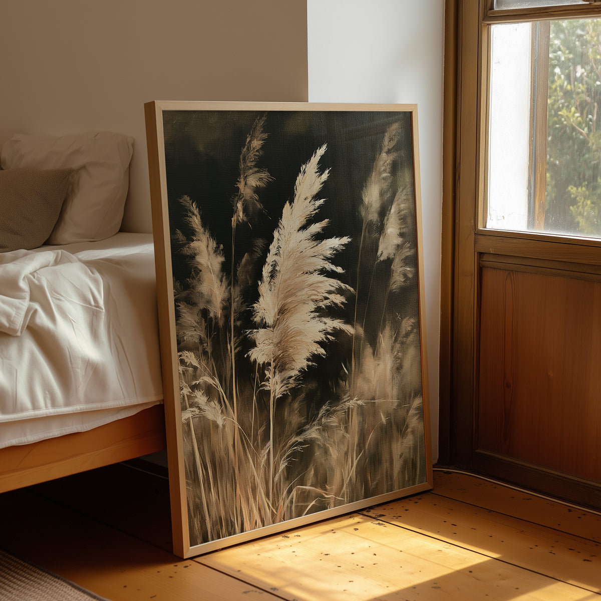 Gone With The Wind, Fluff Included, framed print leaning beside a bed in a sunlit bedroom