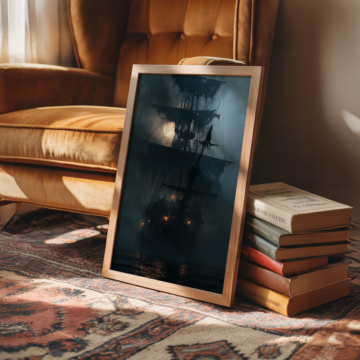 Shipshape It Is Not, framed print leaning beside a bed in a sunlit bedroom
