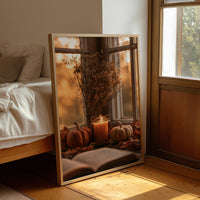Candle Lit, Chapter Pending, framed print leaning beside a bed in a sunlit bedroom