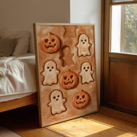 Two Ghosts Already Escaped The Dough, framed print leaning beside a bed in a sunlit bedroom