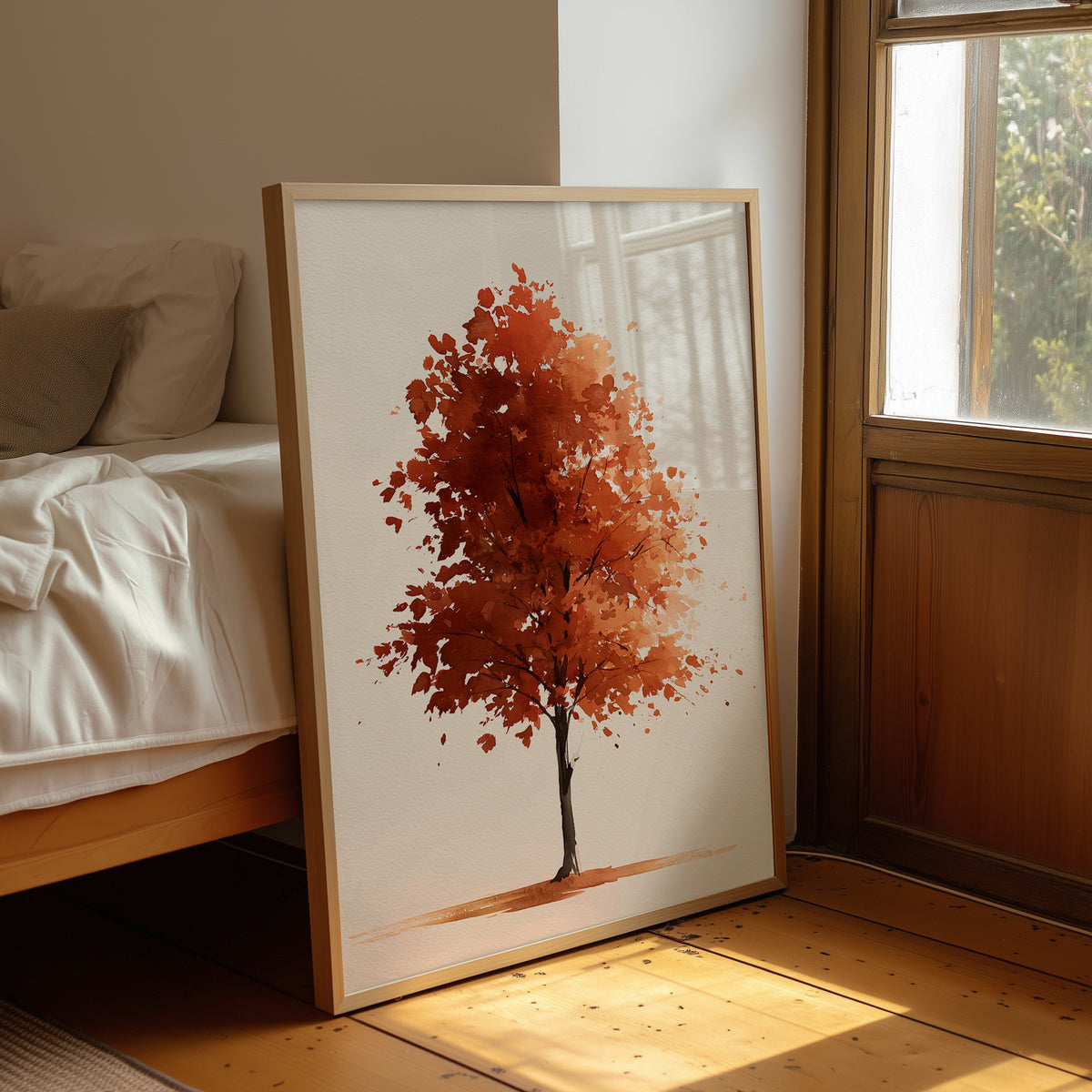 Shedding Season, No Apologies, framed print leaning beside a bed in a sunlit bedroom