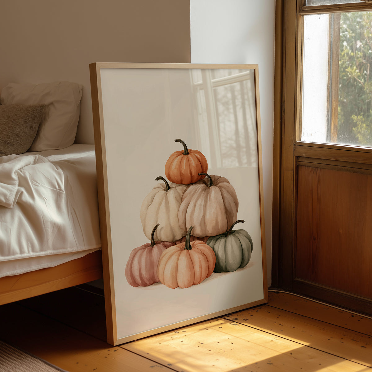 Pastel Pyramid Scheme, framed print leaning beside a bed in a sunlit bedroom