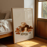 Brewed Awakening Between Chapters, framed print leaning beside a bed in a sunlit bedroom