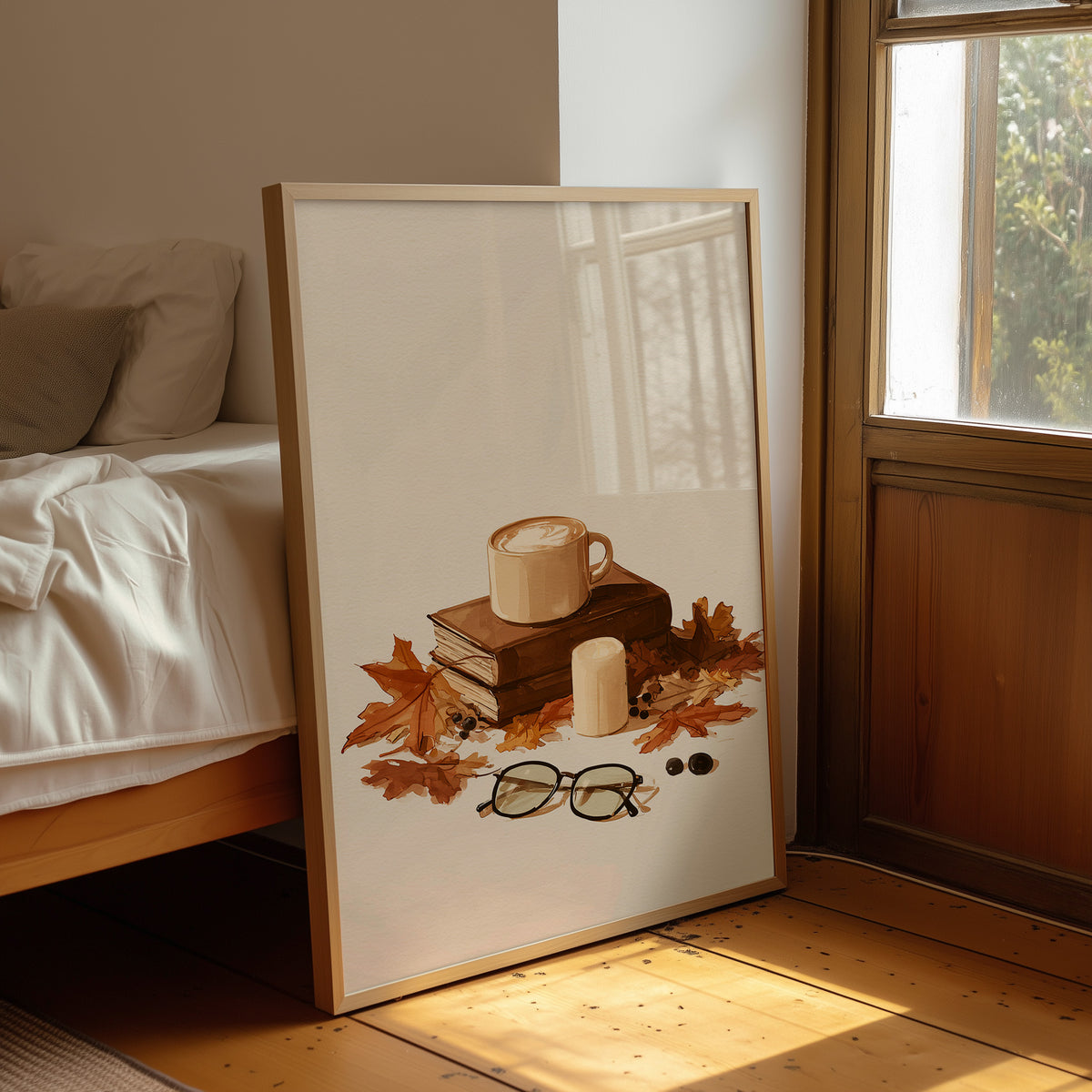 Brewed Awakening Between Chapters, framed print leaning beside a bed in a sunlit bedroom